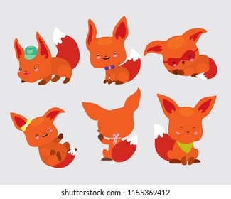 Set of cute little foxes in movement and in different poses. Positive emotions are reflected in muzzles. Use as sticker icon symbol emoticon badge sign book character toy book cover. Vector isolated.