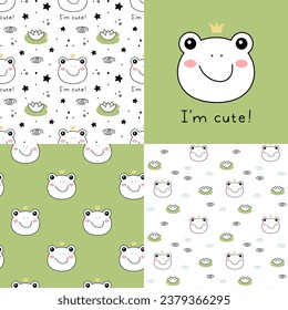 Set of Cute Little Frog prince seamless patterns. Hand drawn Little Toad in doodle style for designing baby clothes. Cartoon Bohemian nursery print. Kids design texture. Vector illustration.