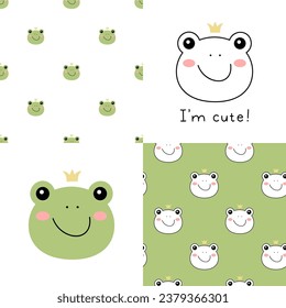 Set of Cute Little Frog princess seamless patterns. Hand drawn Little Toad in doodle style for designing baby clothes. Cartoon Bohemian nursery print. Kids design texture. Vector illustration.