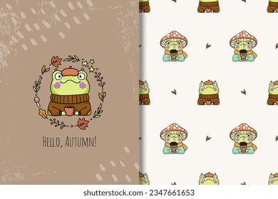 Set of cute little froggy card and seamless pattern. Autumn kawaii frogs portrait illustration