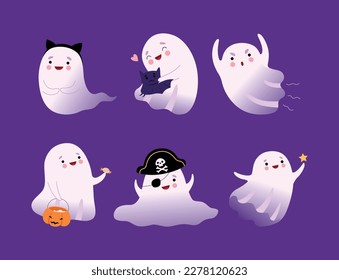 Set of cute little ghosts. Friendly Halloween character with funny face cartoon vector