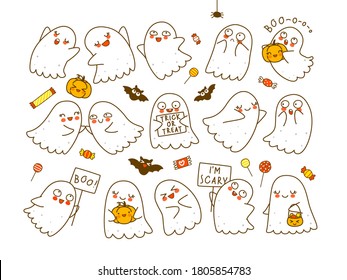 Juego de pequeños fantasmas adorables con calabazas y murciélagos y dulces aislados en fondo blanco - personajes de caricatura para el divertido diseño de Halloween