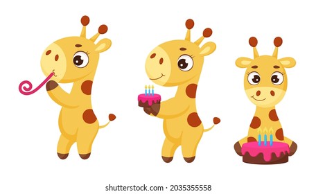 Set of cute little giraffe celebration with cake. Funny cartoon character for print, cards, baby shower, invitation, wallpapers, decor. Bright colored childish stock vector illustration