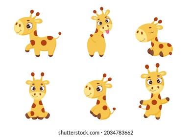 Set of cute little giraffe with different poses. Funny cartoon character for print, cards, baby shower, invitation, wallpapers, decor. Bright colored childish stock vector illustration