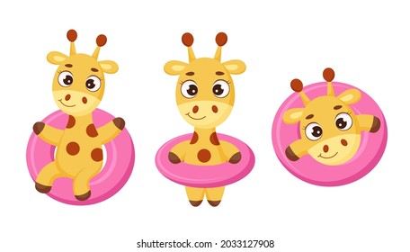 Set of cute little giraffe floats on pink circle. Funny cartoon character for print, cards, baby shower, invitation, wallpapers, decor. Bright colored childish stock vector illustration