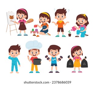 Set of Cute Little Girl Boy Kid Children with Various Different Poses. Activity Isolated Element Objects. Art, Blocks, Watering Plant, Brushing Teeth, Gym. Flat Style Icon Vector Illustration