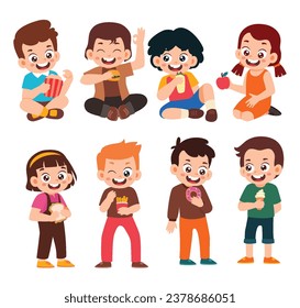 Set of Cute Little Girl Boy Eating Food Kid Children with Various Different Poses. Activity Isolated Element Objects.Popcorn, Apple, Ice Cream, Donut, and Hamburger Flat Style Icon Vector Illustration