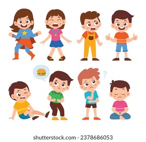 Set of Cute Little Girl Boy Kid Children with Various Different Poses. Activity Isolated Element Objects. Hungry, Yoga, Superhero, Bullied and Crying. Flat Style Icon Vector Illustration