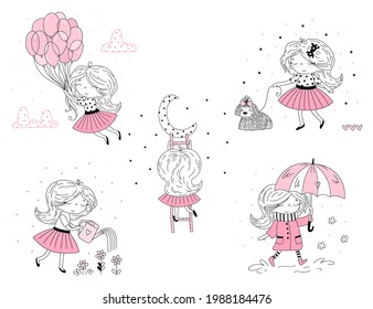 Set of cute little girl in pink clothes. Vector doodle illustration in pink colour for girlish designs like textile apparel print, wall art, poster. Hand drawn cute fashion cartoon girl