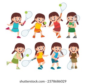 Set of Cute Little Girl Playing Tennis Kid Children with Various Different Poses. Activity Isolated Element Objects. Flat Style Icon Vector Illustration