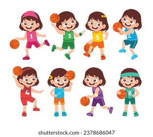 Set of Cute Little Girl Playing Basketball Kid Children with Various Different Poses. Activity Isolated Element Objects. Dribbble and Slamdunk. Flat Style Icon Vector Illustration