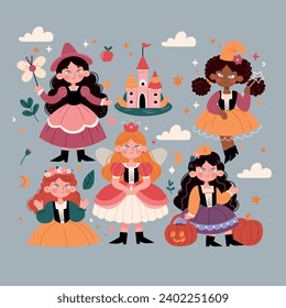 Set of cute little girls in costumes for Halloween. Vector illustration.