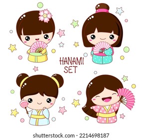 Set of cute little girls with fans in kawaii style. Hanami season collection of Japanese traditional toy kokeshi doll in kimono. Vector illustration EPS8   - Shutterstock ID 2214698187