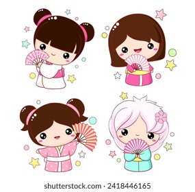 Set of cute little girls with fans in kawaii style. Hanami season collection of Japanese traditional toy kokeshi doll in kimono. Vector illustration EPS8  