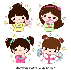 Set of cute little girls with fans in kawaii style. Hanami season collection of Japanese traditional toy kokeshi doll in kimono. Vector illustration EPS8  