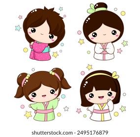 Set of cute little girls in kawaii style. Hanami season collection of Japanese traditional toy kokeshi doll in kimono. Vector illustration EPS8  