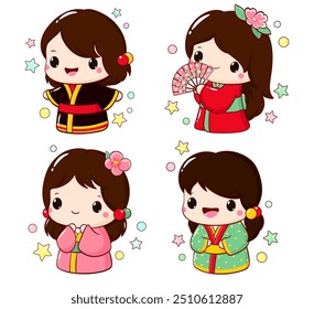 Set of cute little girls in kawaii style. Hanami season collection of Japanese traditional toy kokeshi doll in kimono. Vector illustration EPS8  