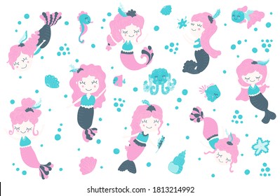 Set of cute little girls mermaids floating under water, fish, shells, bubbles, seahorse, octopus, starfish on a white background. Vector clipart for sticker, poster, postcard, print. Cartoon.