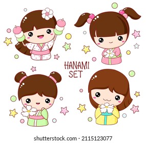 Set of cute little girls with sakura flowers and Hanami dango in kawaii style. Hanami season collection of Japanese traditional toy kokeshi doll in kimono. Vector illustration EPS8  