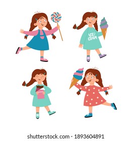 Set of cute little girls standing with big swirly lollipop, ice cream and chocolate