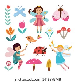 Set of cute little girls summer fairies with flowers and mushrooms, magic wands and butterflies, plants and birds. Fantasy magic set of beautiful fairies. Isolated vector flat cartoon illustration.