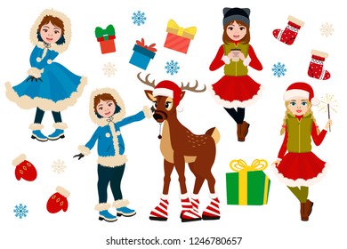 Set of cute little girls in winter coat with gifts,  Bengal lights, mittens. Christmas and New Year vector illustration. Cartoon style.
