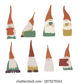 Set of cute little gnomes. Christmas concept. Hand drawn vector illustration on white background. 