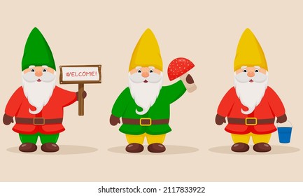 Set of cute little gnomes. Garden gnomes