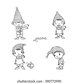 A set of cute little gnomes. Hand drawing isolated objects on white background. Vector illustration.