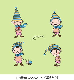 A set of cute little gnomes. Hand drawing isolated objects on white background. Vector illustration.