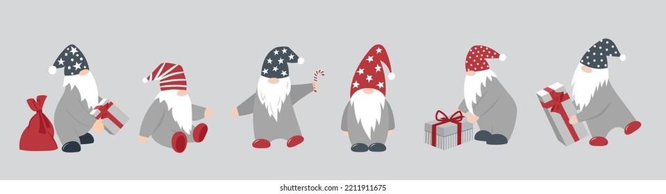 A set of cute little gnomes in hats with gifts. Vector isolated clipart. It can be used as a design element.