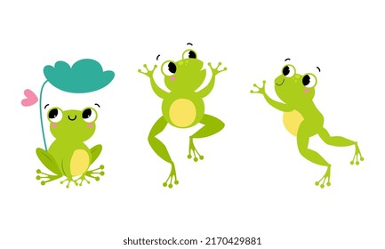 Set of cute little green baby frog in different actions cartoon vector illustration