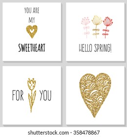 Set of cute little greeting cards with hearts and flowers. Valentine's Day design template.