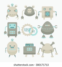 set of cute little grey and blue robots
