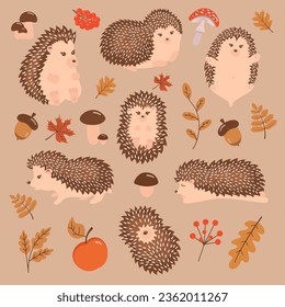 Set of cute little hedgehog vector icons. Adorable hedgehog cartoon character, autumn leaves, mushrooms, berries. Vector illustration, EPS 10.