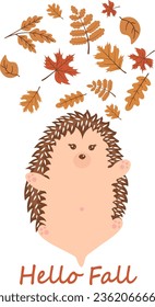 Set of cute little hedgehog vector icons. Adorable hedgehog cartoon character, autumn leaves, mushrooms, berries. Vector illustration, EPS 10.