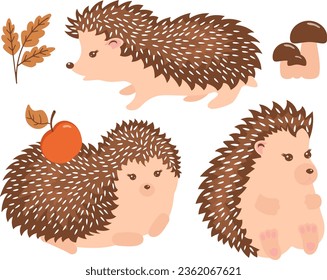 Set of cute little hedgehog vector icons. Adorable hedgehog cartoon character, autumn leaves, mushrooms, berries. Vector illustration, EPS 10.