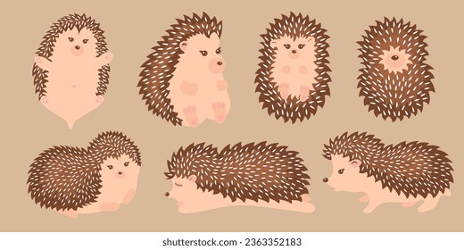 Set of cute little hedgehog vector icons. Adorable hedgehog cartoon character, autumn leaves, mushrooms, berries. Vector illustration, EPS 10.