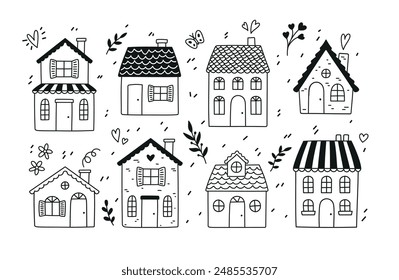 Set of cute little houses with branches of different plants. Home Sweet Home. Collection of doodle illustrations isolated in black and white vector