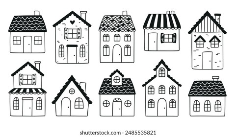 Set of cute little houses, hand-drawn in doodle style. Inspired by Home Sweet Home. Vector isolated illustrations