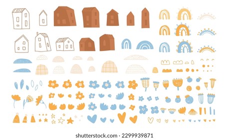 Set Cute little houses   rainbow  flowers  collection  Summer village  Vector print for children room  fabric  paper  greeting card  postcard  card  t shirt  poster  textile  Vector illustration