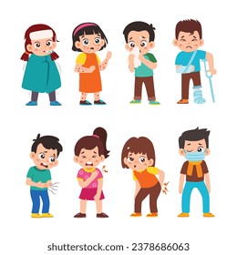 Conjunto de niños pequeños y enfermos con diferentes polos. Actividad Objetos De Elemento Aislado. Ilustración vectorial de iconos de estilo plano