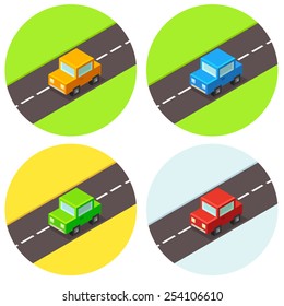 Set of cute little isometric cars in different colors.
