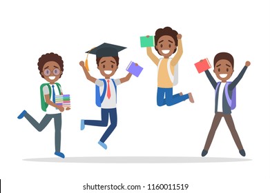 Set of cute little jumping african american school kids. Group of happy boys with bags and books having fun. Isolated flat vector illustration