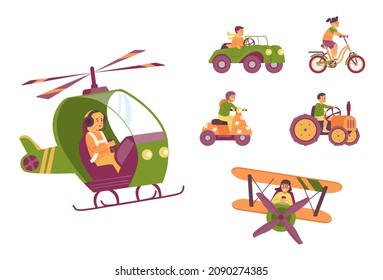 Set of cute little kids driving of various transport. Funny boys and girls riding bicycle and scooter, flying on plane and helicopter, drive car and tractor. Vector illustrations