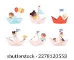 Set of cute little kids floating on paper boats. Happy kids dreaming of becoming sailors cartoon vector illustration