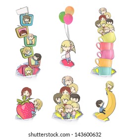 Set of cute little kids in hole paper. Vector background design.