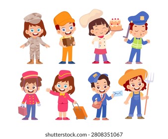 Set of cute little kids profession job worker cartoon kids dressed in professions Career role play characters with uniform, bellhop, courier, police, postman, cabin crew, chef, farmer, soldier.