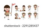Set Of Cute Little Kids Wear Scout honor uniform, Boy Scouts playing guitar around the campfire, Children Girl Scouts Roasting food on campfire, camping tent  isolated on white background