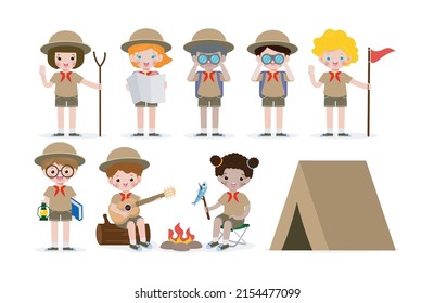 Set Of Cute Little Kids Wear Scout Honor Uniform, Boy Scouts Playing Guitar Around The Campfire, Children Girl Scouts Roasting Fish On Campfire, Camping Tent  Isolated On White Background